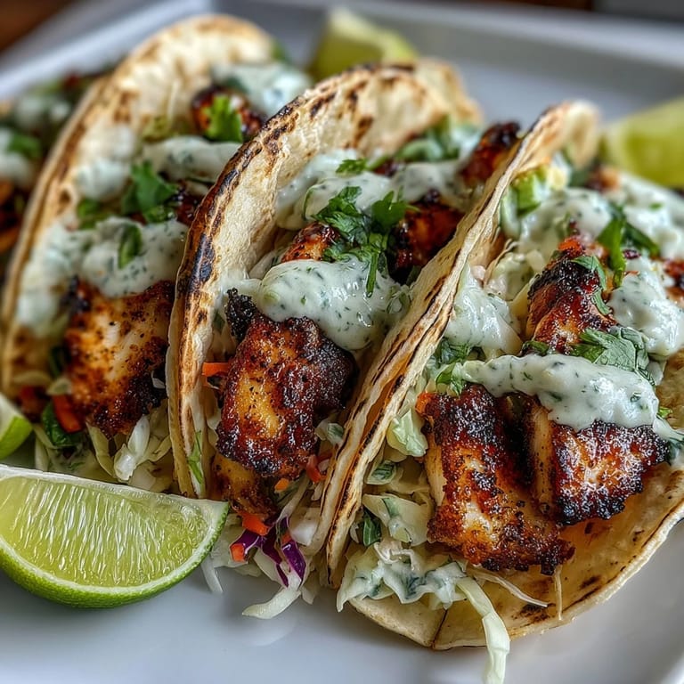 Zesty grilled fish tacos featuring coconut milk marinade, tangy lime crema, and crisp vegetable slaw, served in warm tortillas.
