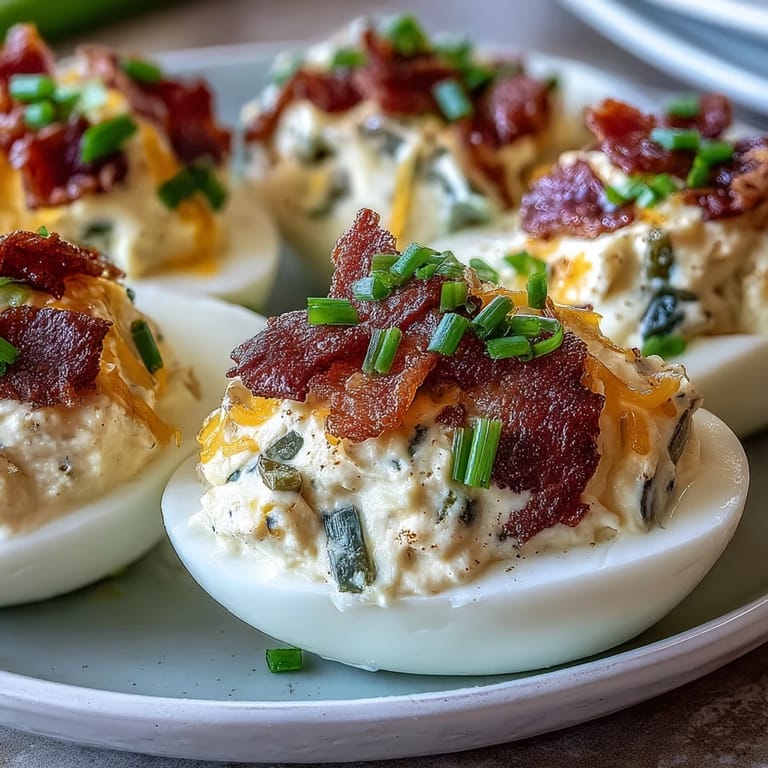 Cream cheese and jalapeño deviled eggs garnished with crispy bacon bits, perfect for spicy appetizer lovers.  