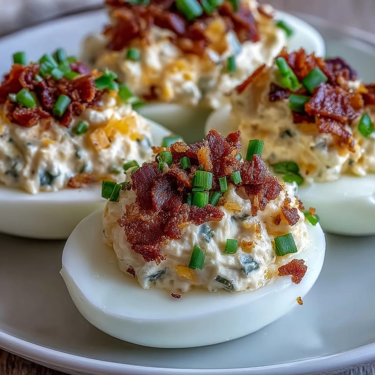 Classic deviled eggs transformed with jalapeño popper flavors, creamy filling, and smoky bacon garnish for a crowd-pleaser.