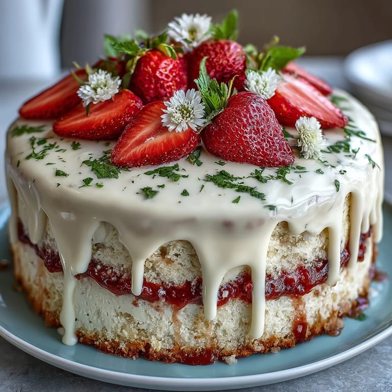 Spring Cake: Floral Drip Cake with Strawberry Frosting, featuring delicate vanilla sponge layers, vibrant strawberry frosting, and a glossy white chocolate drip, crowned with fresh edible blooms.