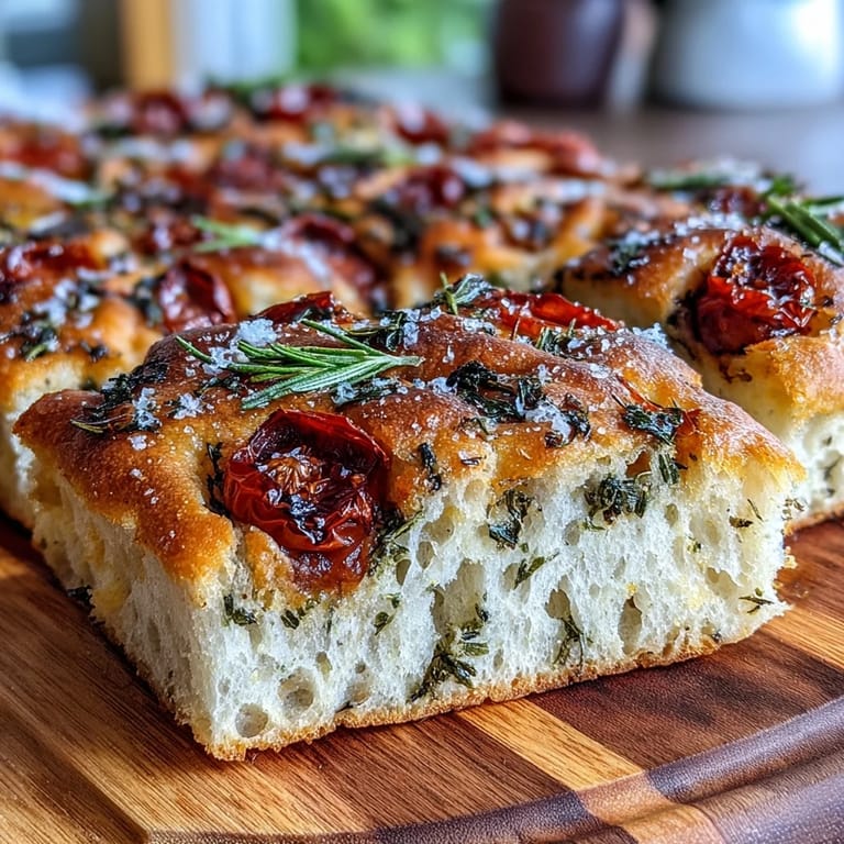 Fluffy Italian focaccia bread bursting with fresh herbs, juicy cherry tomatoes, and flaky sea salt, perfect for spring gatherings.