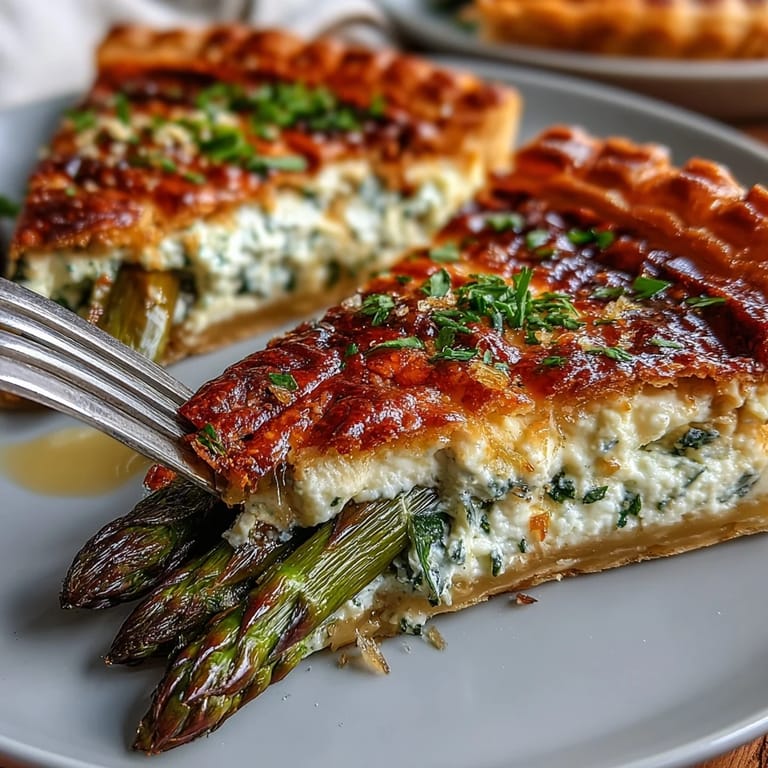Elegant spring tart featuring golden puff pastry, rich ricotta blend, and tender asparagus, perfect for brunch or lunch.
