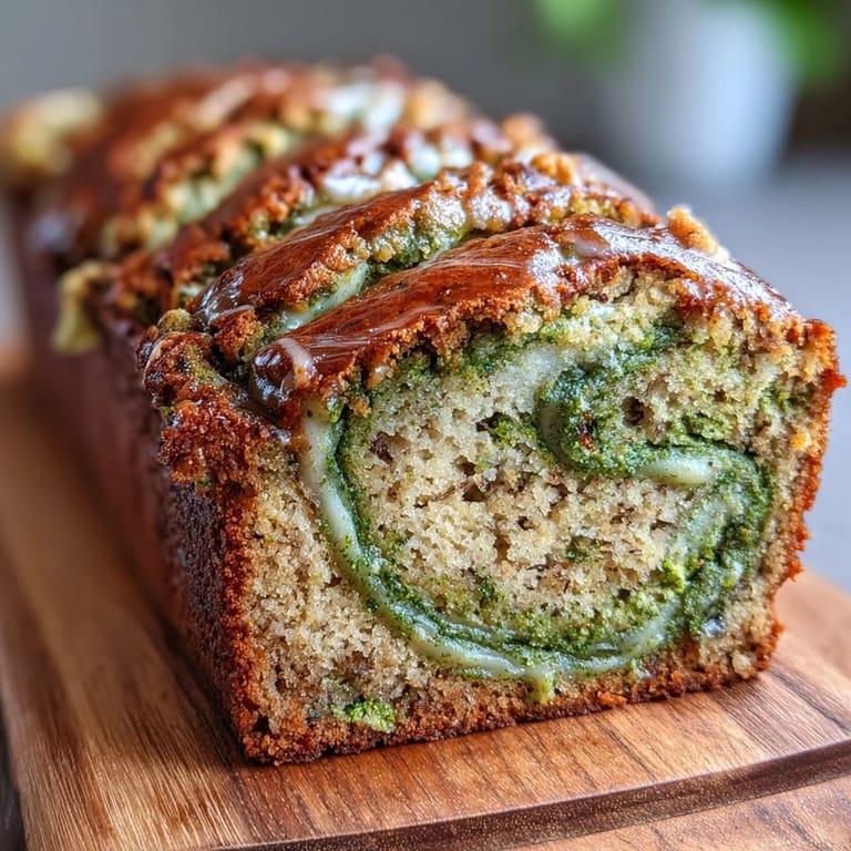Sliced matcha banana bread on a wooden board, showcasing green swirls and moist crumb, ideal for tea time or brunch.