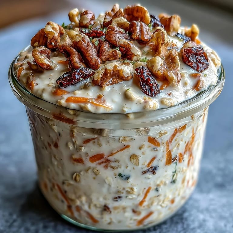 Wholesome overnight oats infused with carrot cake flavors—grated carrot, warm spices, and crunchy walnuts for a nourishing breakfast treat.