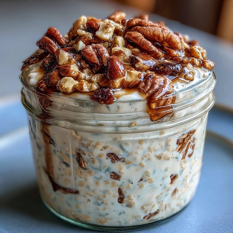 Velvety Carrot Cake Overnight Oats layered with cinnamon, ginger, and raisins, garnished with extra walnuts and a dollop of Greek yogurt.
