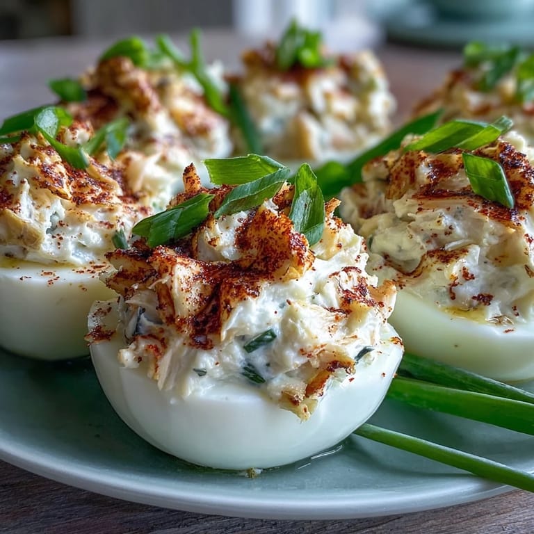 Delicious Crab Cake Deviled Eggs, seasoned with Old Bay, ready to serve.