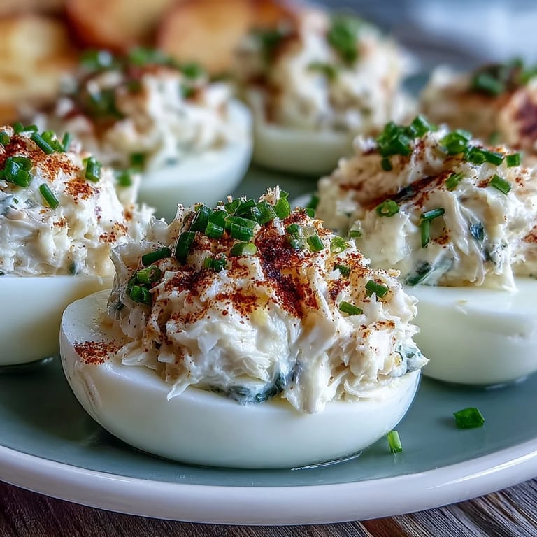 Golden Crab Cake Deviled Eggs, a flavorful seafood twist on a classic.