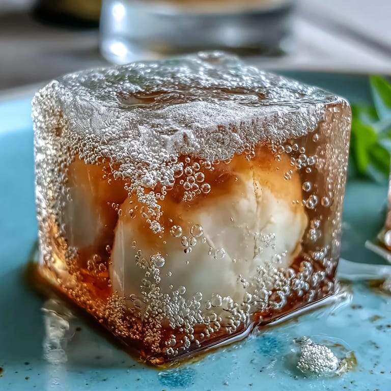 Translucent lychee agar jelly cubes float in effervescent, citrusy yuzu water.