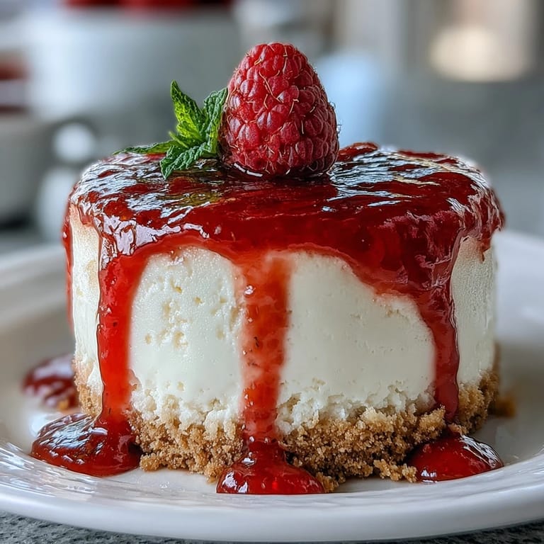 Decadent no-bake cheesecake with sweet raspberry sauce, a perfect dessert.