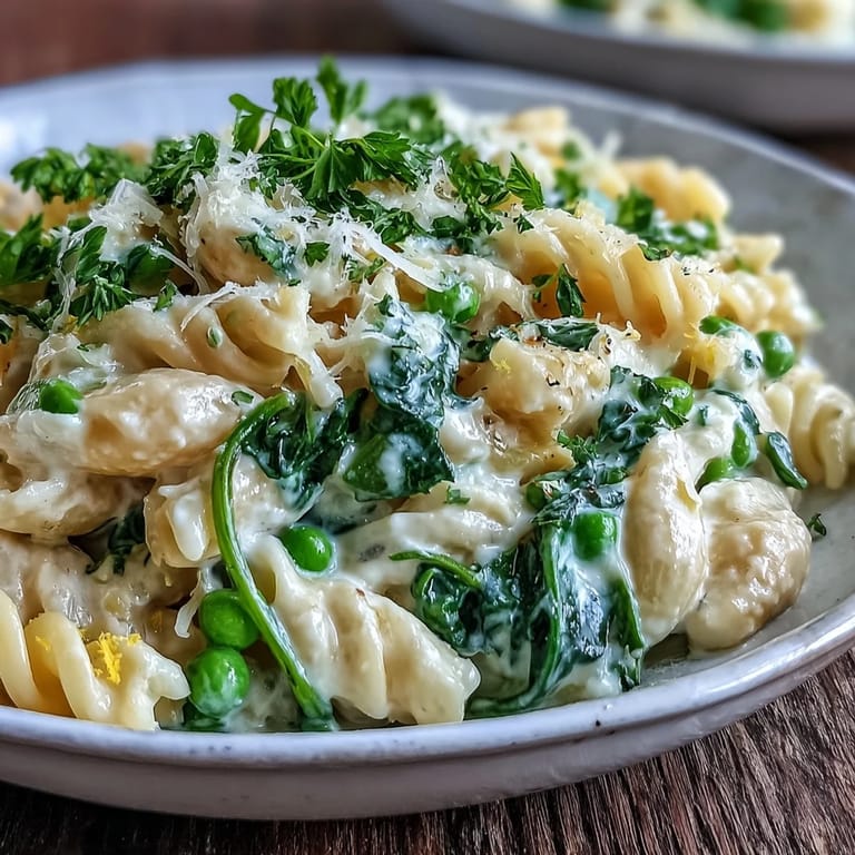 Tender One-Pot Lemon Ricotta Pasta nestled with wilted spinach and sweet peas.
