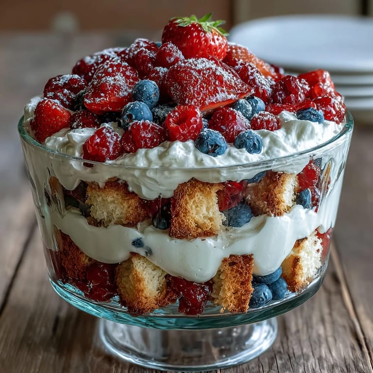 Visually stunning Red White Blue Berry Trifle, showcasing vibrant fruit and fluffy whipped cream peaks.