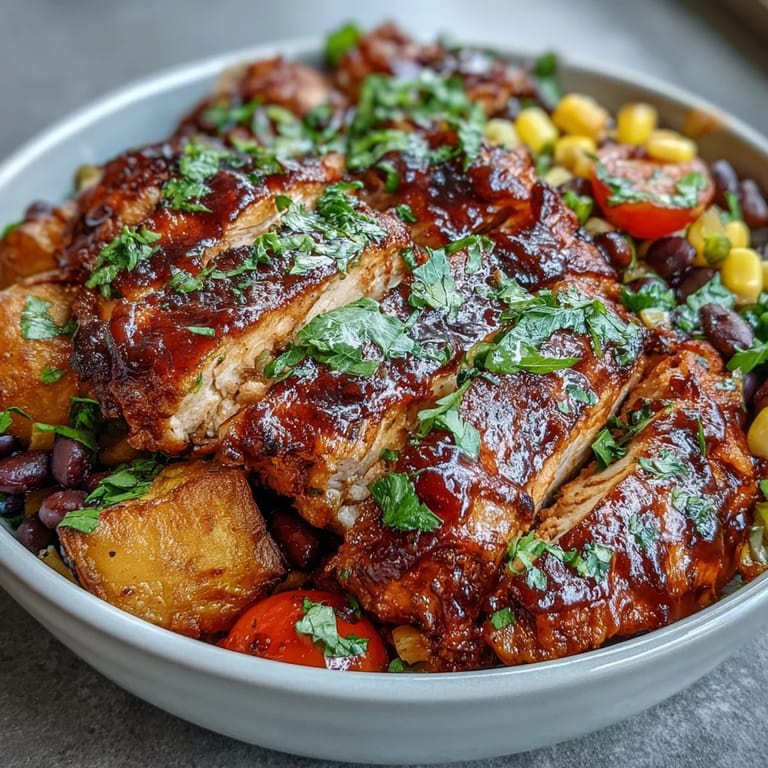 Easy stackable BBQ chicken meal prep bowls packed with black beans and fresh tomatoes.