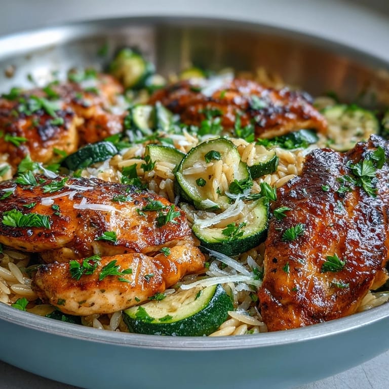 Golden browned chicken nestled amongst vibrant zucchini and tender orzo pasta.
