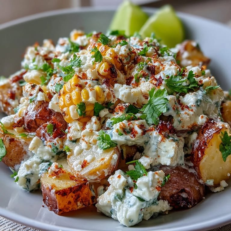 Mexican-inspired Elote Potato Salad, perfect for barbecues with a zesty finish.