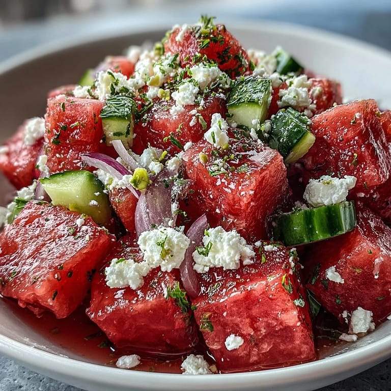 Juicy Watermelon Feta Crunch Salad, topped with crunchy pistachios for summer.
