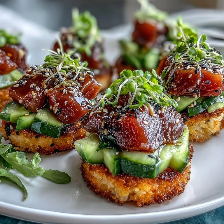 Closeup of savory tuna poke cups, a delightful fusion appetizer with spicy mayo.