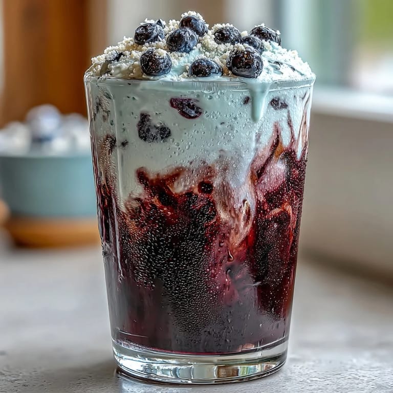 Delicious blueberry muffin iced coffee, boasting a thick vanilla cold foam topping.