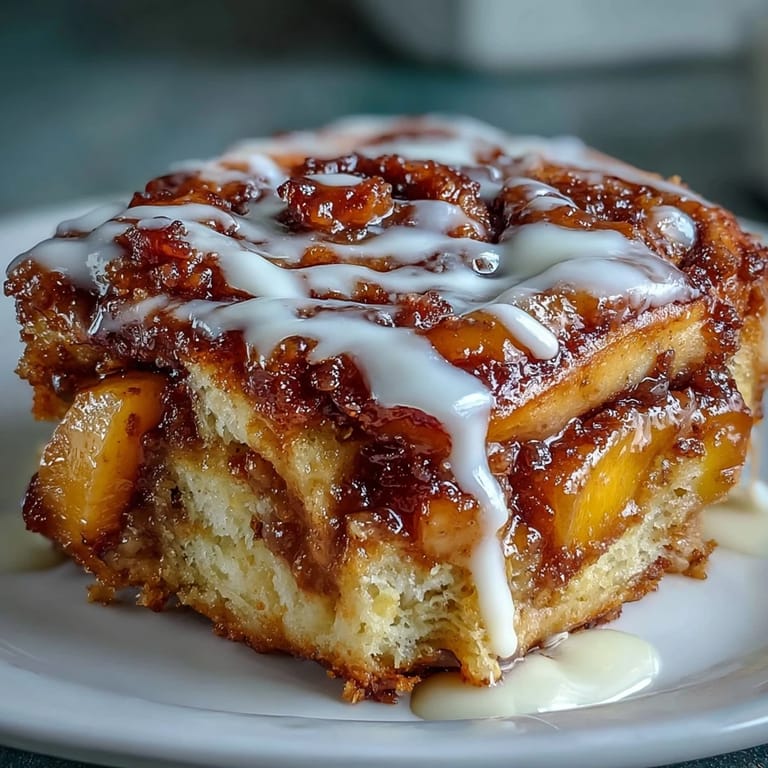 Warm Peach Cobbler Cinnamon Roll Bake with golden dough, melting cinnamon icing.