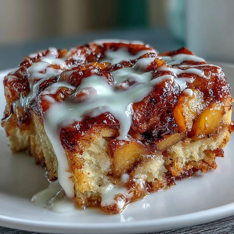Delicious Peach Cobbler Cinnamon Roll Bake, a comforting warm breakfast or dessert.