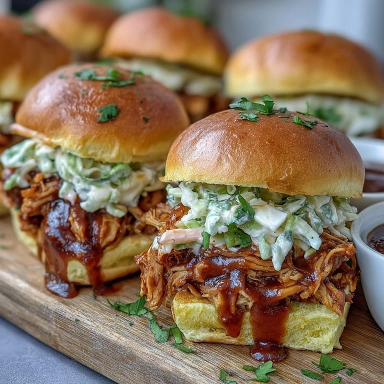 Mouthwatering Apple Butter BBQ Pulled Chicken Sliders piled high on buns.
