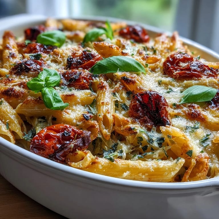 Deliciously baked pasta dish, highlighting roasted tomatoes and tender cabbage.