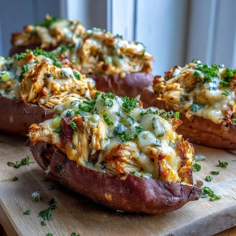 Hearty stuffed sweet potatoes brimming with savory chicken, apple, and cheddar.
