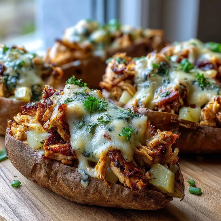 Golden baked sweet potatoes filled with delicious chicken, apple, and cheese goodness.