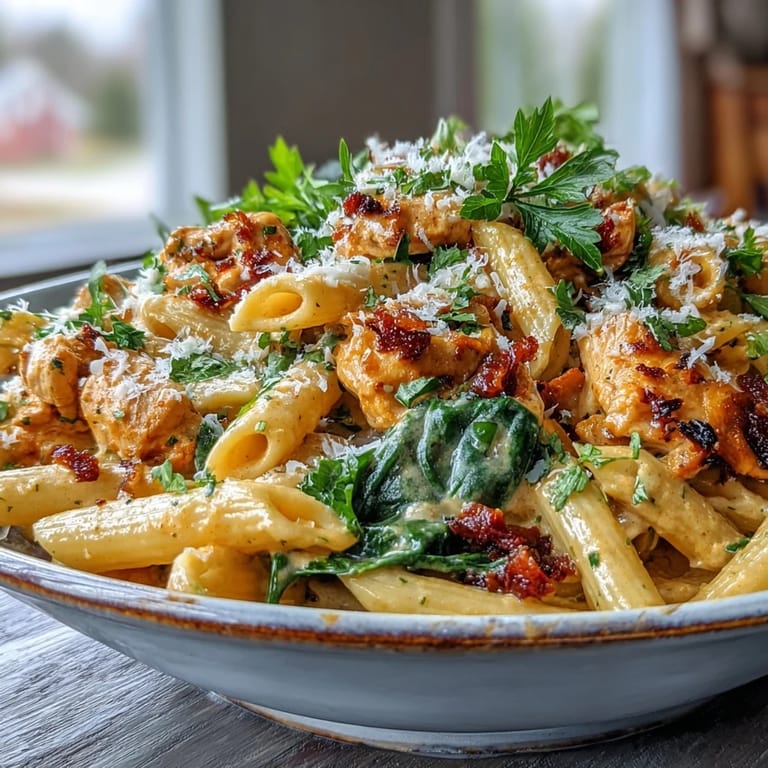 A hearty bowl of pumpkin turkey pasta topped with fresh parsley.