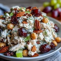 Vibrant vegan chicken salad with crunchy almonds, sweet grapes, and creamy dressing served on a croissant.