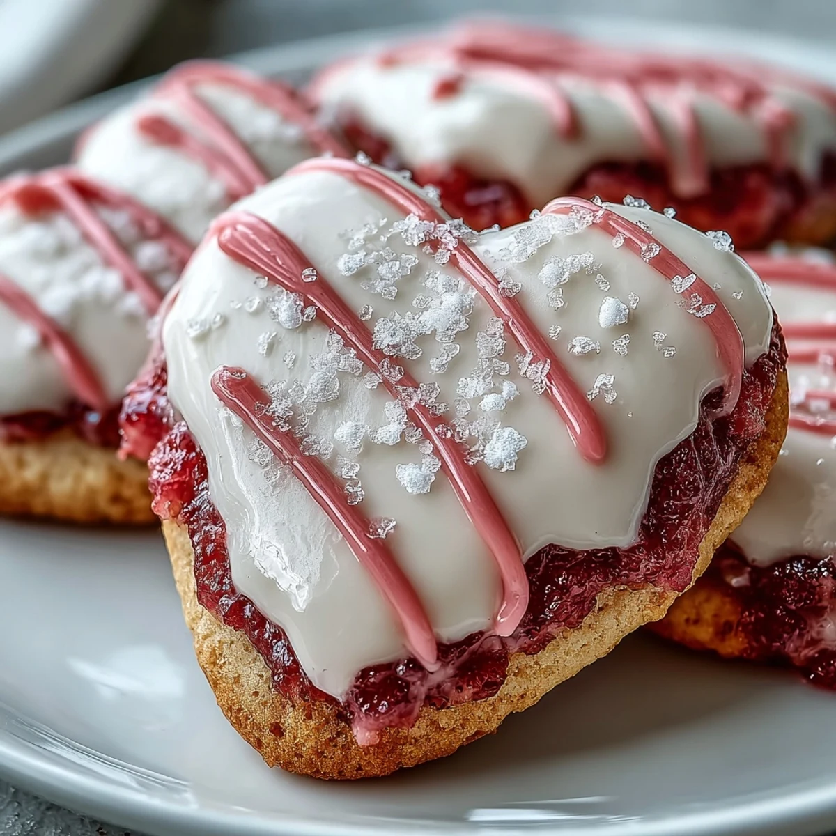 Valentine's Day strawberry sugar cookies decorated with pink royal icing and heart shapes for a romantic treat.