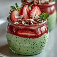 Layered strawberry matcha chia pudding jars with creamy chia base, vibrant strawberry puree, and delicate green matcha yogurt, topped with fresh berries and coconut flakes.