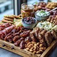A colorful housewarming charcuterie board with cured meats, cheeses, fresh fruits, and two creamy homemade dips for sharing.
