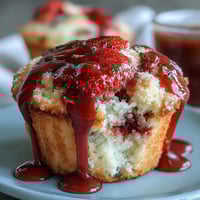Fresh strawberry muffins with bright lemon glaze, showcasing juicy berries and golden tops.