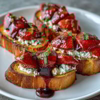 Balsamic Strawberry Bruschetta Toasts with creamy goat cheese and fresh basil, drizzled with tangy balsamic glaze for a sweet-savory bite.