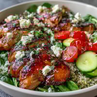 Lemon vinaigrette grilled chicken and veggie bowl with quinoa, feta, and fresh herbs.