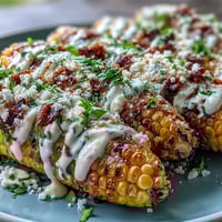 Microwave Elote-Style Corn with Cotija: golden cobs coated in creamy lime sauce, chili, and crumbly cheese, garnished with fresh cilantro.