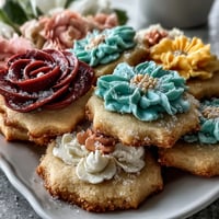 Delicate flower-shaped shortbread cookies with vibrant royal icing—a sweet and buttery spring treat.  