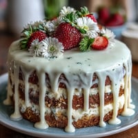 Spring Cake: Floral Drip Cake with Strawberry Frosting, a moist vanilla layer cake topped with fresh strawberry buttercream and a white chocolate drip, adorned with edible flowers.