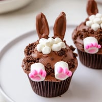 Bunny Burrow Cupcake Tray shows whimsical chocolate frosted cupcakes with marshmallow bunny decorations.