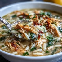 A steaming bowl of Greek Lemon Chicken Soup with tender shredded chicken and orzo in a bright, lemony broth.