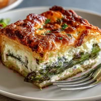 Asparagus Ricotta Tart with crisp puff pastry, creamy cheese filling, and fresh asparagus spears, garnished with lemon zest.