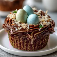 Easter Nest Cupcakes with chocolate buttercream and candy eggs in a decorative nest design.
