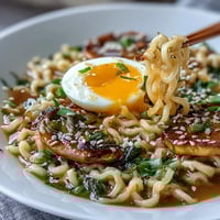 A steaming bowl of homemade miso ramen with soft-boiled egg, fresh spinach, and sliced mushrooms.