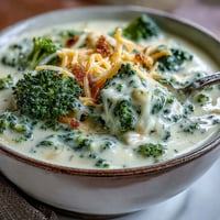A creamy bowl of broccoli cheddar soup with melted cheese and tender broccoli florets.