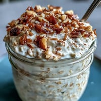 Creamy Carrot Cake Overnight Oats with cinnamon, nutmeg, and walnuts in a jar, topped with shredded coconut and maple syrup drizzle.