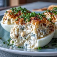 Crab Cake Deviled Eggs with Old Bay, a creamy, zesty appetizer.