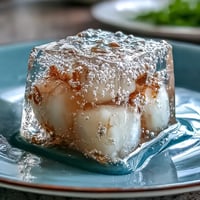 Refreshing lychee agar jelly cubes nestled in sparkling yuzu water.