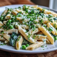 Creamy One-Pot Lemon Ricotta Pasta dish brimming with bright peas and spinach garnish.