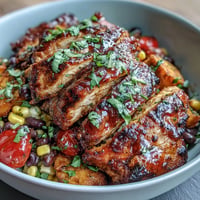 Grilled BBQ chicken meal prep bowls with sweet potatoes and vibrant veggies.