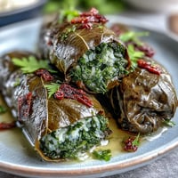 Kurdish Dolma showcases tender, rolled grape leaves gently bundled with herbed rice.